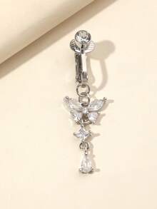 1pc Navel Ring With Faux Rhinestone Butterfly Design, Women Fake Piercing Jewelry - Silver - View 2