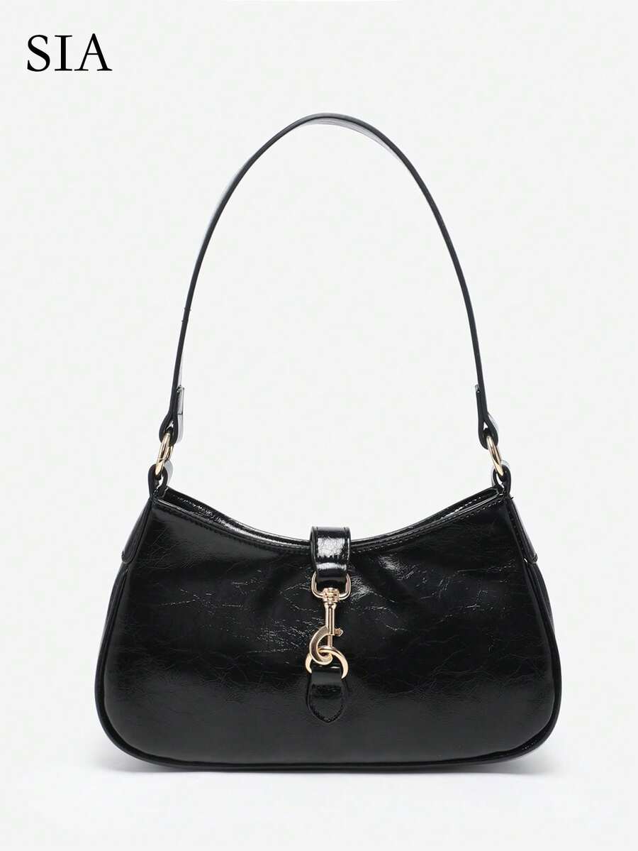 Women's Fashion Vintage Angora Red Faux Oil Wax Leather Clasp Decor Flap Bag, Shoulder Underarm Bag, Suitable For Dating, Outing, Party - Black - View 1
