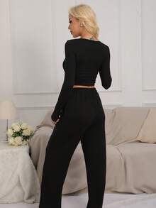 2pcs Set Women Long Sleeve Solid Color Top & Long Pants 2 Pieces Cozy Outfit, Spring Summer Autumn Winter, Fall Clothes - Black - View 6