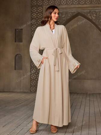 One Piece Women Arabic Muslim Dubai Stylish Multi-Element Casual Elegant Cuff Mesh Floral Embroidery Maxi Cardigan Dress, Suitable For Summer Daily Wear And Gatherings
