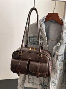 Borsa classica alla moda in tessuto PU impermeabile di colore unito, con decorazione a motivo di lettere, multitasche, a conchiglia, a spalla, sotto braccio, adatta per viaggi, shopping, pendolarismo, feste, appuntamenti, vestiti per il Capodanno. Pendenti e borse devono essere acquistati separatamente, non in bundle.