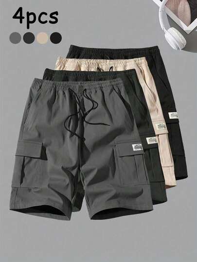 4pcs/Set Men's Casual Loose Cargo Bermuda Shorts, Outdoor Sports Workout Bottoms
