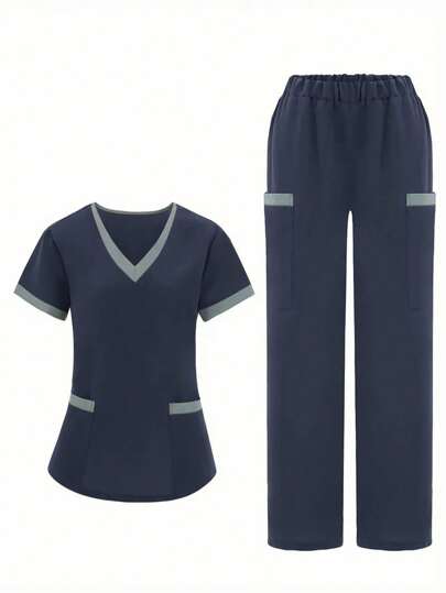 Women's Summer V-Neck Short Sleeve Top And Pants Uniform Set