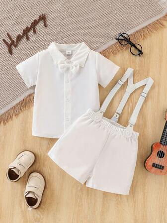 ชุดสำหรับพิธีบัพติศมาของทารก เสื้อสีขาว + กางเกงขาสั้นมีสายรัด สำหรับเด็กชายเล็ก ชุดยืนกล่าวพูด