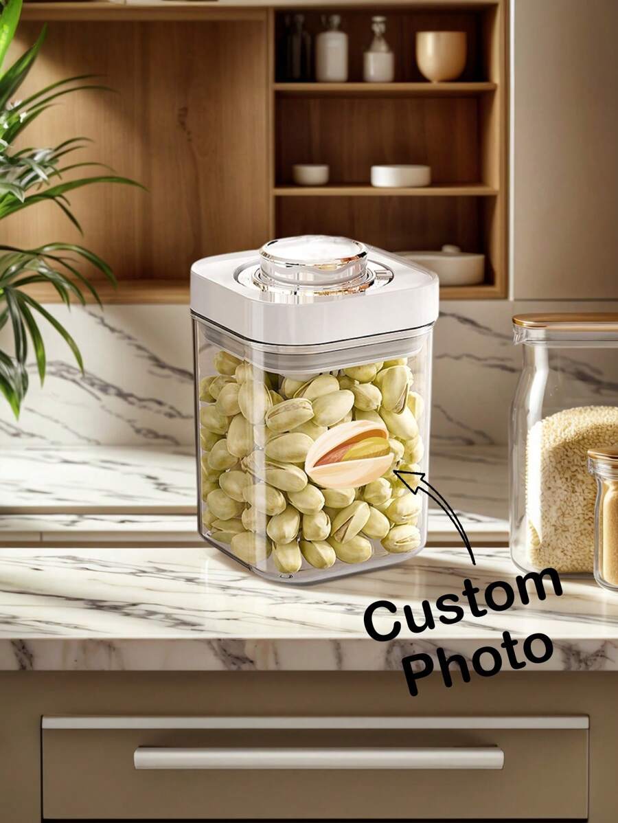 1pc Customized Airtight Sealed Storage Canister With Customized Pattern, Kitchen Food Moisture-Proof Container For Nuts, Grains And Snacks, Food Identification Canister, Holiday Gift