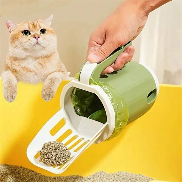 Pelle à litière pour chat avec support détachable pour sac poubelle - Pelle en plastique avec garde-éclaboussures pour un nettoyage facile de la litière - Convient à toutes les races de chats (Style sac poubelle aléatoire)