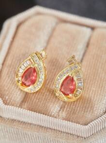 1pair Luxury Shiny Red Cubic Zirconia Stud Earrings For Women Gorgeous Elegant Party Jewellery Accessories