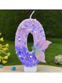 1 Stück lila Meerjungfrau Nummer Kerze, 0-9 Nummer Kerze, mit lila Pailletten und lila Fischschwanz, geeignet für Meerjungfrau-Thema Tortendekor, Geburtstagskerzeg, handgefertigt DIY Herstellung, Position kann leicht variieren