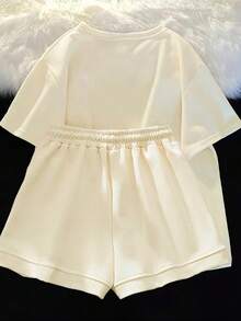 California Print Girls Summer Outfit Set Since 1987, Short Sleeve T-Shirt And Casual Shorts With Fashionable Pockets, Suitable For Outdoor - 杏色 - 查看 2