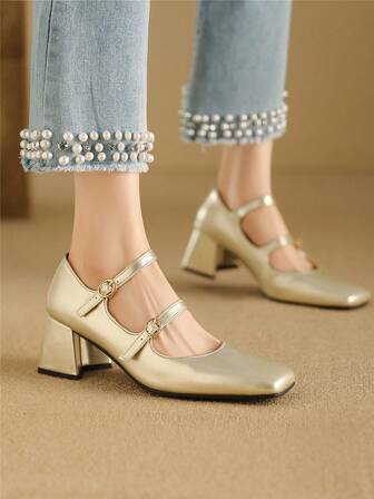 Women's Mary Jane Silver High Heel Pumps, Square Toe Double Buckle Elegant Dress Shoes