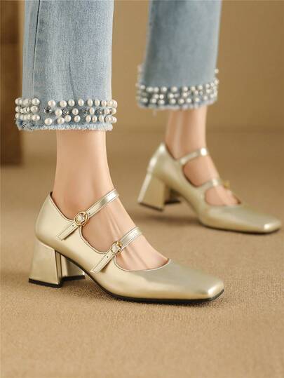 Damen Mary Jane Silber High Heel Pumps, Quadratische Zehenkappe Doppelschnallen Elegante Kleiderschuhe