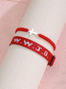 2pcs/Set Minimalist Stainless Steel Cross Bracelets & Wwjd Letter What Would Jesus Do Christian Jewelry Jacquard Knit Wristband Bracelet Set For Women For Party Jewelry