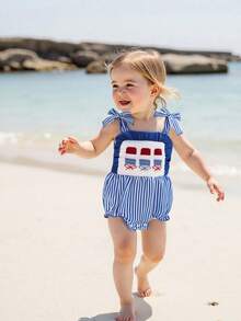 0-18 Months Baby Girl Independence Day Cami Romper Sleeveless Star Stripe Print Tie Shoulder Jumpsuit - 藍色 - 查看 5