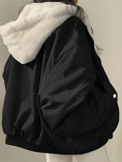 女式超大号连帽派克大衣，仿毛领，修身廓形，双口袋，可双面穿，休闲街头风，秋冬短款夹克