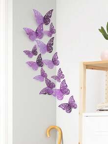 12pcs/Pack Holographic Laser Reflective Multi-Color 3D Hollow Butterfly Stickers (Blue, Purple, Green, Etc) Wall Decor Room Decor Personalised Stickers - Purple - View 3