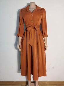 Women's Solid Color Button Front Long Sleeve Tied Waist Casual Midi Dress