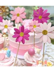 24 PIÈCES Décorations de gâteau en forme de Marguerite rose, fleur Toppers de gâteau, Cure-dents picks pour fête, décoration de baptême, baby shower, anniversaire, Noël