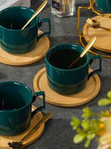 1 Juego de Tazas de Café - 4 Tazas, 4 Platillos, 4 Cucharas con Soporte de Metal / 1 Juego de Tazas de Café - 1 Taza, 1 Platillo, 1 Cuchara, Capacidad ≈ 250ml, Material Cerámico, Disponible en Blanco/Negro/Verde, Taza de Café para Cappuccino Latte Art, Taza de Té, Apta para Té, Café, Cereales, Chocolate Caliente, Incluye Cuchara y Bandeja de Madera, Juego de Tazas de Café, Juego de Tazas de Cerámica, Ideal para Restaurantes, Cafeterías, Hogar y Oficina, Gran Regalo para Familia, Amigos y Seres Queridos.
