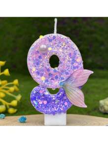 1 Stück lila Meerjungfrau Nummer Kerze, 0-9 Nummer Kerze, mit lila Pailletten und lila Fischschwanz, geeignet für Meerjungfrau-Thema Tortendekor, Geburtstagskerzeg, handgefertigt DIY Herstellung, Position kann leicht variieren