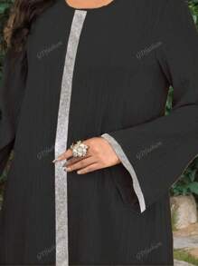 Fashion Women's Black Round Neck Sequin Decoration Elegant Long Loose Arabian Robe