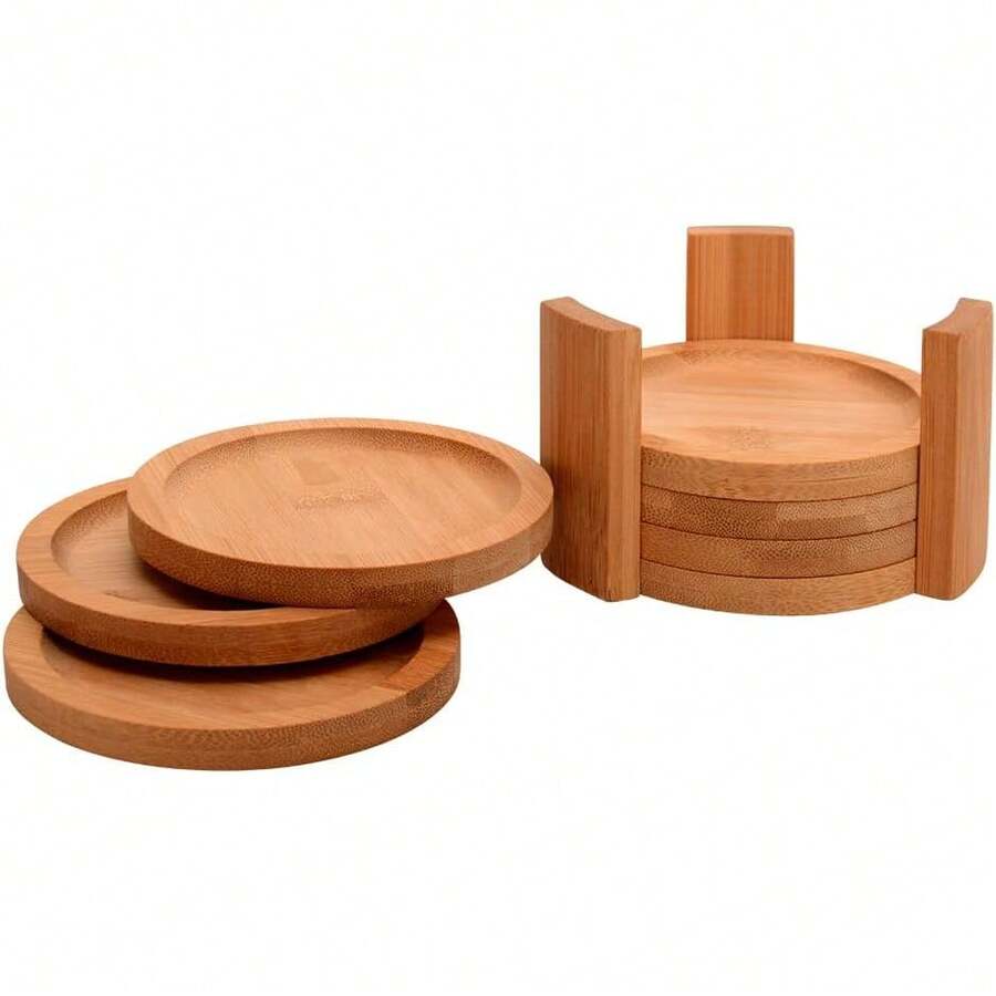 Round Wooden Coaster With Bamboo Stand 6 Pieces Ecokitchen Coaster For Cup - Màu nâu  Mocha - Xem 1