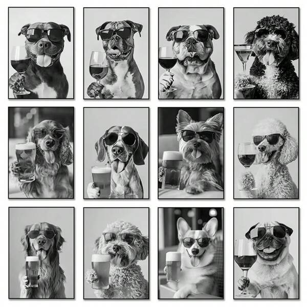 1 stuk/3 stuks wandkunstposters muurschilderingposter dieren zwart-wit grappige huisdier hond drinkt wijn dierenposter & canvas wandkunst schilderij voor woonkamer keuken decoratie frameloze/ingelijste canvas kunst