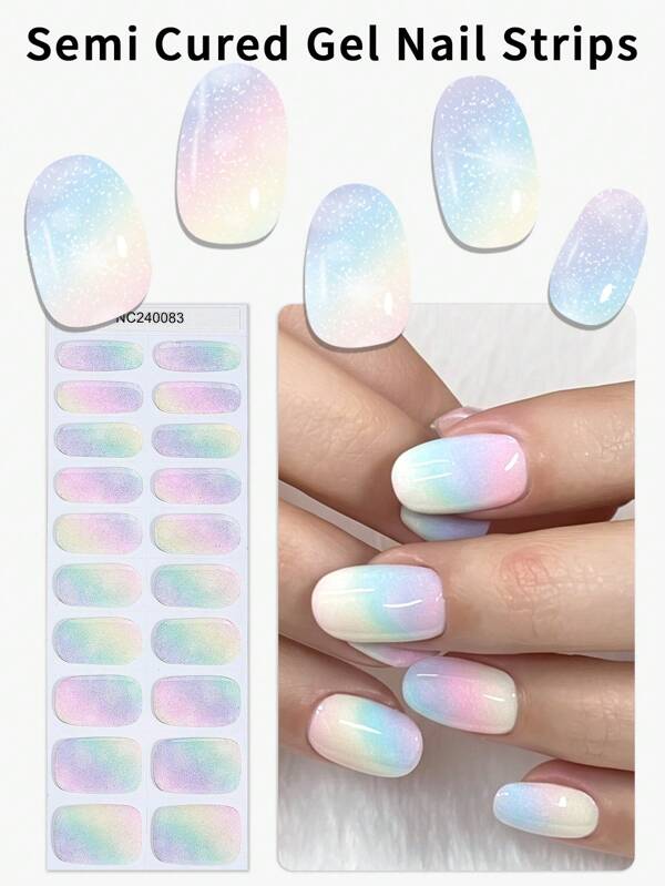20 pièces Bandes d'ongles en gel semi-cuites colorées, enveloppements de gel adhésifs violets tourbillonnants printemps et été, qualité salon, faciles à appliquer et à retirer, convenant pour une utilisation quotidienne DIY des femmes. Fournitures pour nail art, autocollants pour nail art.