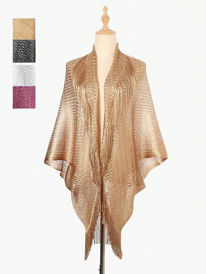 1 pieza Cárdigan tipo alas de murciélago delgado, con decoración de flecos calados, protección solar talla grande para cubrir vestidos de verano