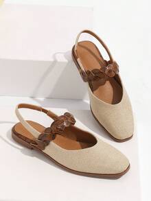 New Square Toe Slingback Woven Strap Fashion Casual Versatile Block Color Splicing Hollow Out Women Shoes, Fashionable Casual Outdoor, All Season - Apricot - View 1