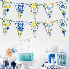 Lemon Wedding Decoration, Birthday Party Lemon Themed Flower Pattern Printed Triangle Flag Flag, Blue Yellow White Shower Decoration, Courtyard Supplies, Suitable For Outdoor And Indoor Use - Multicolor - View 4