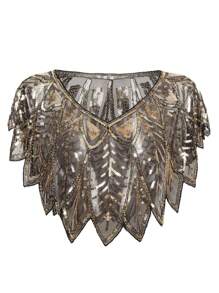 1 pièce Étole élégante vintage des années 1920 avec sequins et perles - 100% polyester respirant, pullover enveloppant avec élasticité, motif à rayures brodé, cape décorative pour soirée pour femmes