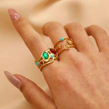 Multi-Piece Set Of Elegant 18K Gold Plated Stainless Steel Faux Gemstone Rings For Women, Fashion Jewelry Accessories, Luxury Party Wear, Vintage Middle Eastern Dubai Jewelry, Adjustable Rings