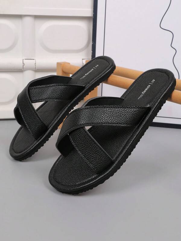Men's Lightweight Sandals, Summer Fashionable Crossover Beach Shoes, Outdoor Casual Open Toe Slippers, Comfortable Black Lychee Texture