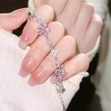 1pc Elegant Women's Bracelet, Fashion Minimalist Pink Crystal Bracelet, Suitable For Daily Wear, Jewelry Gift