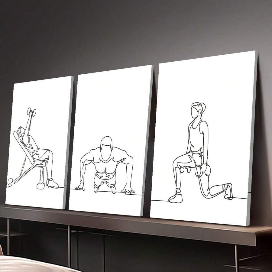3 piezas Cuadros decorativos impresos en lienzo con marco de madera, frases de fitness en la pared, figuras de fitness de arte lineal, decoración de pared interior del hogar