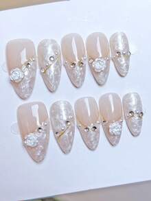 10pcs Handmade Press-On False Nails, Creative Coffin Shaped Artificial Nails, French Manicure Pull-String Nails, White Mother-Of-Pearl Textured French Simple Nails, With 3D Flower Pearl Diamond Bow Nail Decorations, Nude Nails, Coffin Nails, Fashionable Minimalist Colorful Nails, Cherry Blossom Nails, White Bow, White Nails, Pink Nails, Suitable For Spring, Summer, Autumn And Winter, European And American Style Nails, Cute Nail Decorations, Perfect For DIY Home Manicure, Office Daily Manicure, Gifts, Nail Art Supplies, Self-Learning Nail Art, Beginner Nail Art, Millennium Bug Style Nails, Fingernails, Nails, Upgraded Nails, Nail Art Set, Graduation Party Nails, Coffin Nail Tips, Almond Nail Tips, Nail Art Materials, Wedding Nails, Contrast Nails, New Style Nails, Birthday And Seasonal Gift Sets For Women And Girls! - White - View 16