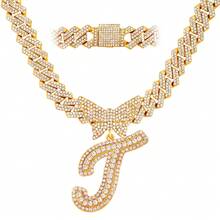Cuban Link Chain For Women Cursive Silver Initial 14MM Diamond Prong Cuban Chain Hip Hop Iced Out Chain Necklace Butterfly Initial Letter Name Necklaces For Women - Dây chuyền chữ bướm - Xem 45