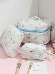 1 Stück weiße gesteppte karierte Kosmetiktasche, blaues Schleifenmuster, girly Herz Design, multifunktionale Kosmetik Aufbewahrungstasche, tragbare Kosmetikpinsel Clutch Tasche mit Reißverschluss, geeignet für Lippenstift, Pinsel, Hautpflege, Aufbewahrungsbox, für Urlaub, Strand, Badezimmer, Schlafzimmer, großes Fassungsvermögen