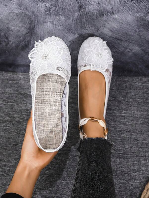 Ballet Floral Quilted Bohemian Embellished Flat Shoes, Comfortable Outdoor All Season