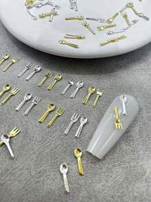 150pcs/Pack Mini Spoon & Fork Shaped Metal Nail Art Decoration, Gold & Silver Color, Nail Studs