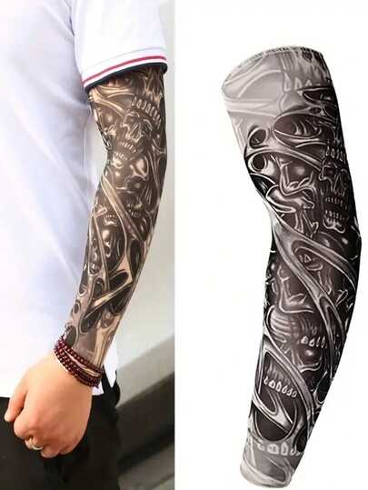 2pcs Set Fashionable Skull Temporary Arm Sleeve Tattoo, High Quality Sun Protection For Cycling And Driving