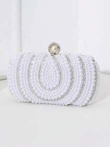 Pearl Embroidered Crystal Decorated Women's Evening Bag, Elegant Party Clutch Handbag With Shoulder Strap - White - View 1