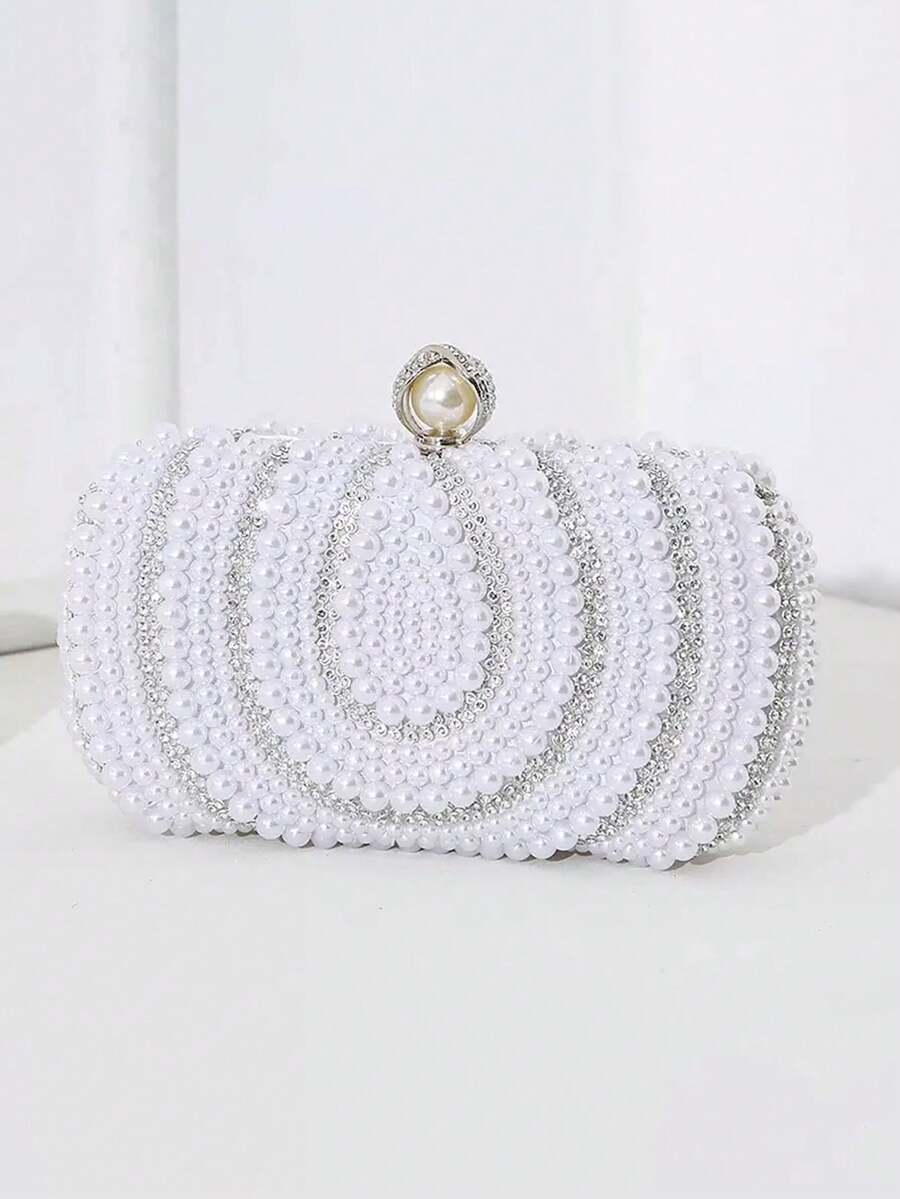 Pearl Embroidered Crystal Decorated Women's Evening Bag, Elegant Party Clutch Handbag With Shoulder Strap - White - View 1