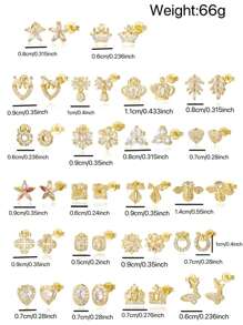 TUANZISP 22pcs Set Women's Gold Plated Copper Stud Earrings With Zirconia, Butterfly, Heart, Star, Crown, Snowflake, Geometric Designs, Versatile Fashion Jewelry, Elegant Vintage Luxury Gift For Women