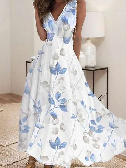 Elegant Floral Print V-Neck Sleeveless Dress For Women, Suitable For Vacation And Casual Wear, Spring/Summer White