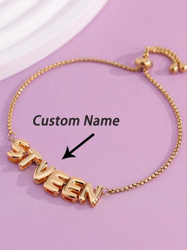 1pc Fashion Customized Name 3D Sliding Alphabet Adjustable Bracelet, Double Layered CZ Bubble Name Letters Bracelet, Suitable For Girls Boys Men Women Daily Wear, Gift For Valentine's, Mother's Day, Anniversary,Gold,Stylish,Colorful,Vintage