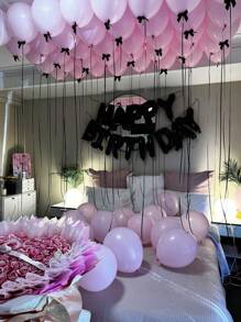 44/57pcs Minimalist Black & White Balloon Set | 20pcs Black Bowknot + Happy Birthday Banner | Latex Ribbon Set For Adult Party/Anniversary, Style Birthday Party Decorations, Party Supplies (White & Pink Available)