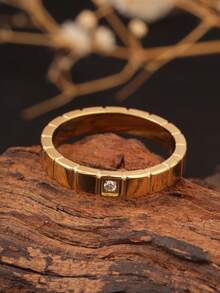 1pc Stainless Steel 18K Gold Plated Simple Squared Zirconia Inlaid Ring, Creative Fashion Versatile Suitable For Women & Men, Daily Wear Or Gift - Checkered Ring - View 9