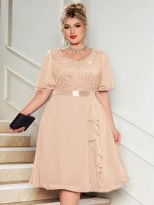 Plus V-Neck Sequin Floral Lace Contrast Chiffon Butterfly Sleeve Ruffle Hem Evening Party Swing Dress, Elegant Prom Semi Formal Wedding Guest Dress, For Birthday, Graduation, Dinner Date - Champagne - View 8