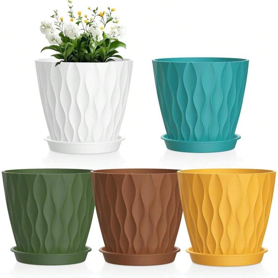 Small Plastic Nursery Pots, 5 Pack Water Ripples Plant Pots For Indoor Plants, Flower Pots With Drainage Holes And Saucers, Seeding Starter Planters For Decorative - Multicolor - View 1